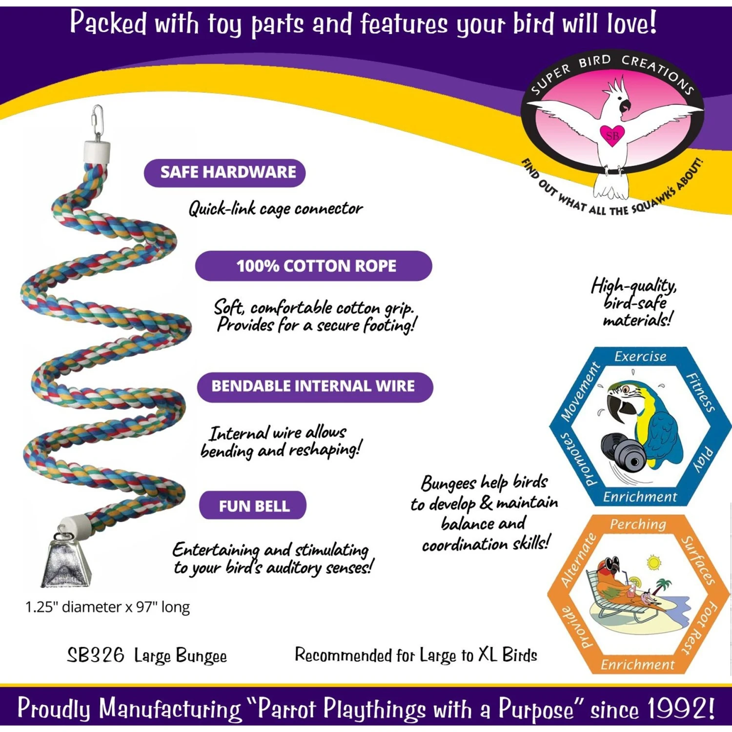 Super Bird Creations Rope Bungee Bird Perch, Color Varies, X-Large 4 Super Bird Creations Rope Bungee Bird Perch, Color Varies, X-Large - Image 2