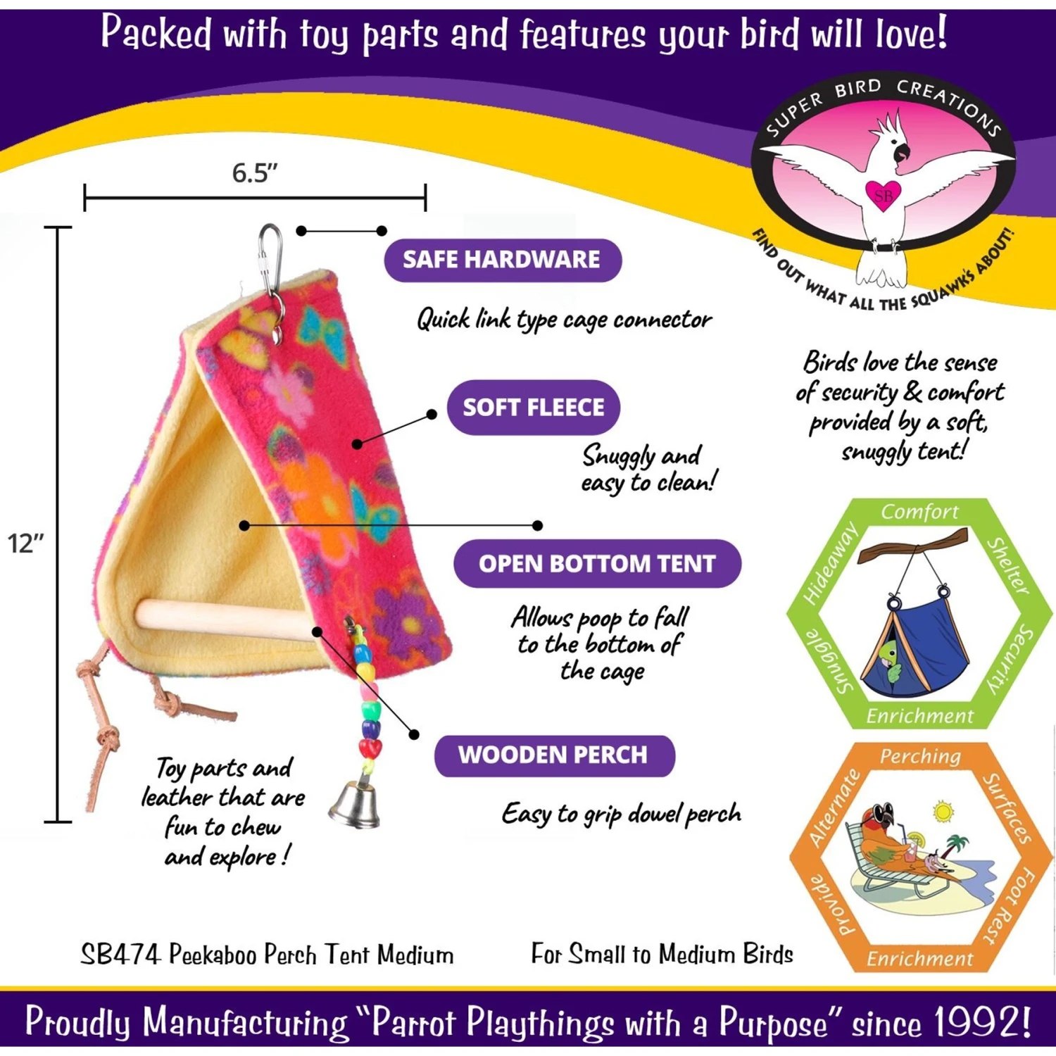 Super Bird Creations Peekaboo Perch Bird Tent, Color Varies, Medium 5 Super Bird Creations Peekaboo Perch Bird Tent, Color Varies, Medium - Image 3