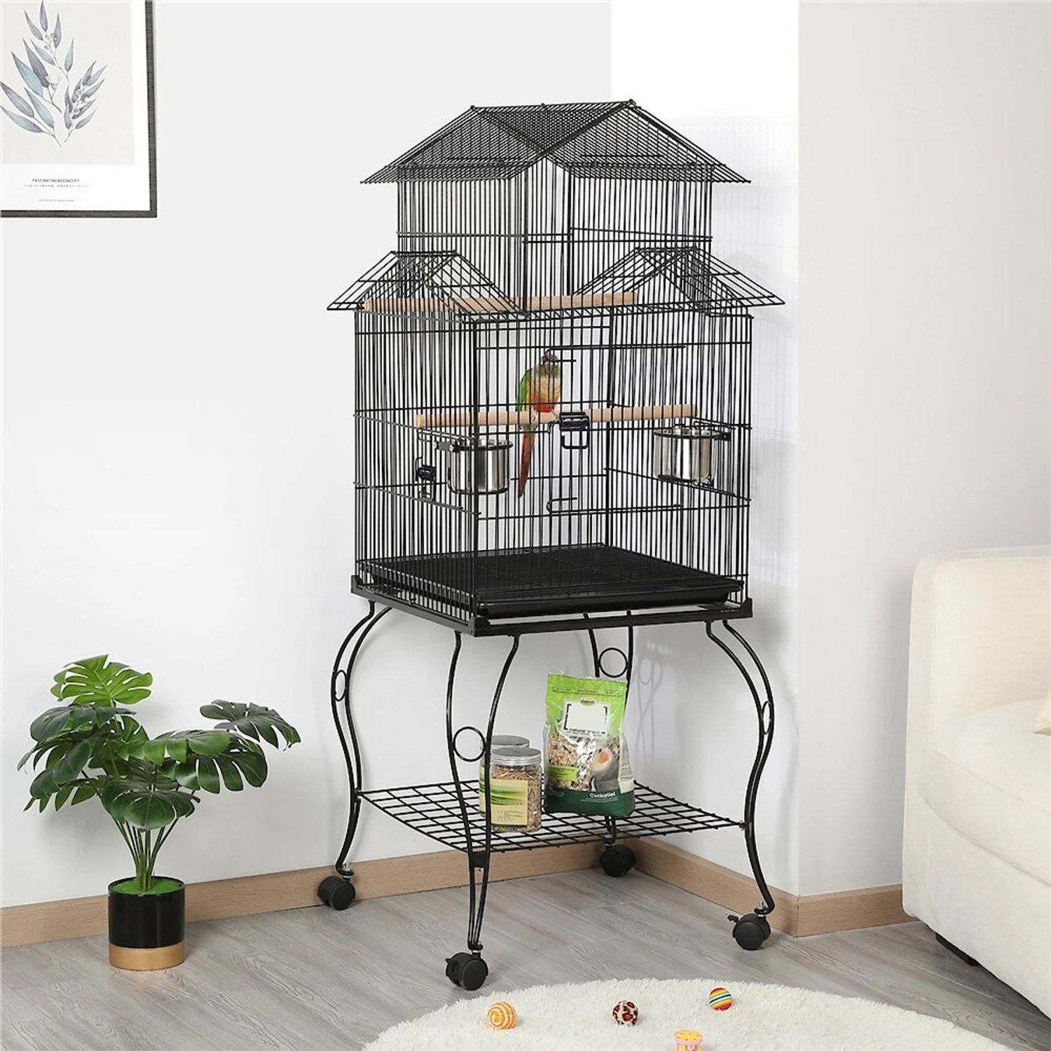 Yaheetech 55-in Triple Roof Rolling Bird Cage, Black 3 Yaheetech 55-in Triple Roof Rolling Bird Cage, Black