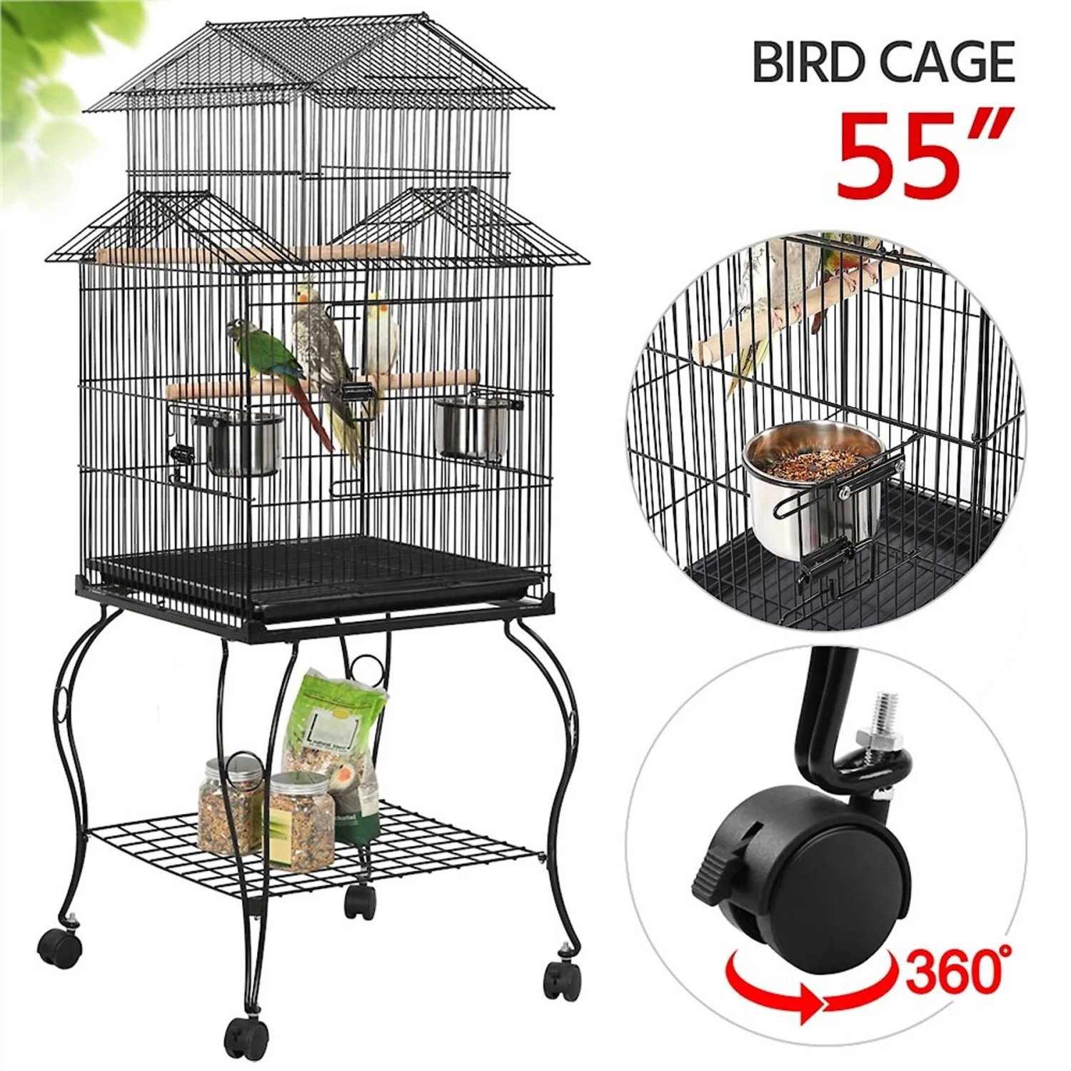 Yaheetech 55-in Triple Roof Rolling Bird Cage, Black 5 Yaheetech 55-in Triple Roof Rolling Bird Cage, Black - Image 3