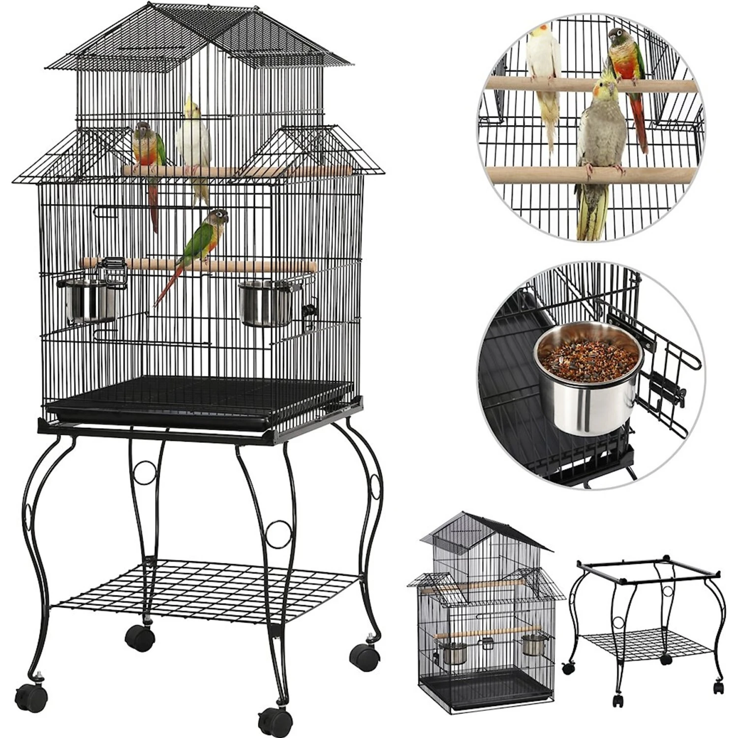 Yaheetech 55-in Triple Roof Rolling Bird Cage, Black 6 Yaheetech 55-in Triple Roof Rolling Bird Cage, Black - Image 4