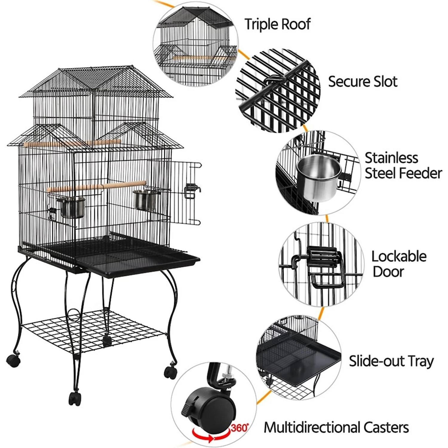 Yaheetech 55-in Triple Roof Rolling Bird Cage, Black 8 Yaheetech 55-in Triple Roof Rolling Bird Cage, Black - Image 6