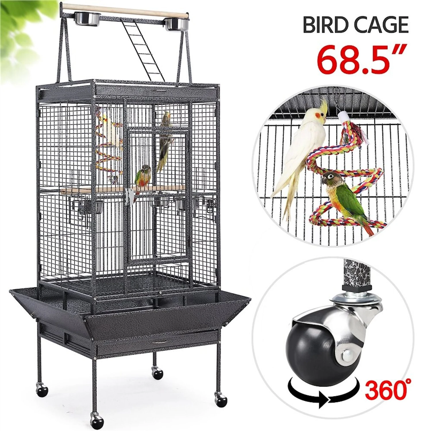 Yaheetech 68.5-in Rolling Bird Cage & Playtop, Hammertone Black 4 Yaheetech 68.5-in Rolling Bird Cage & Playtop, Hammertone Black - Image 2