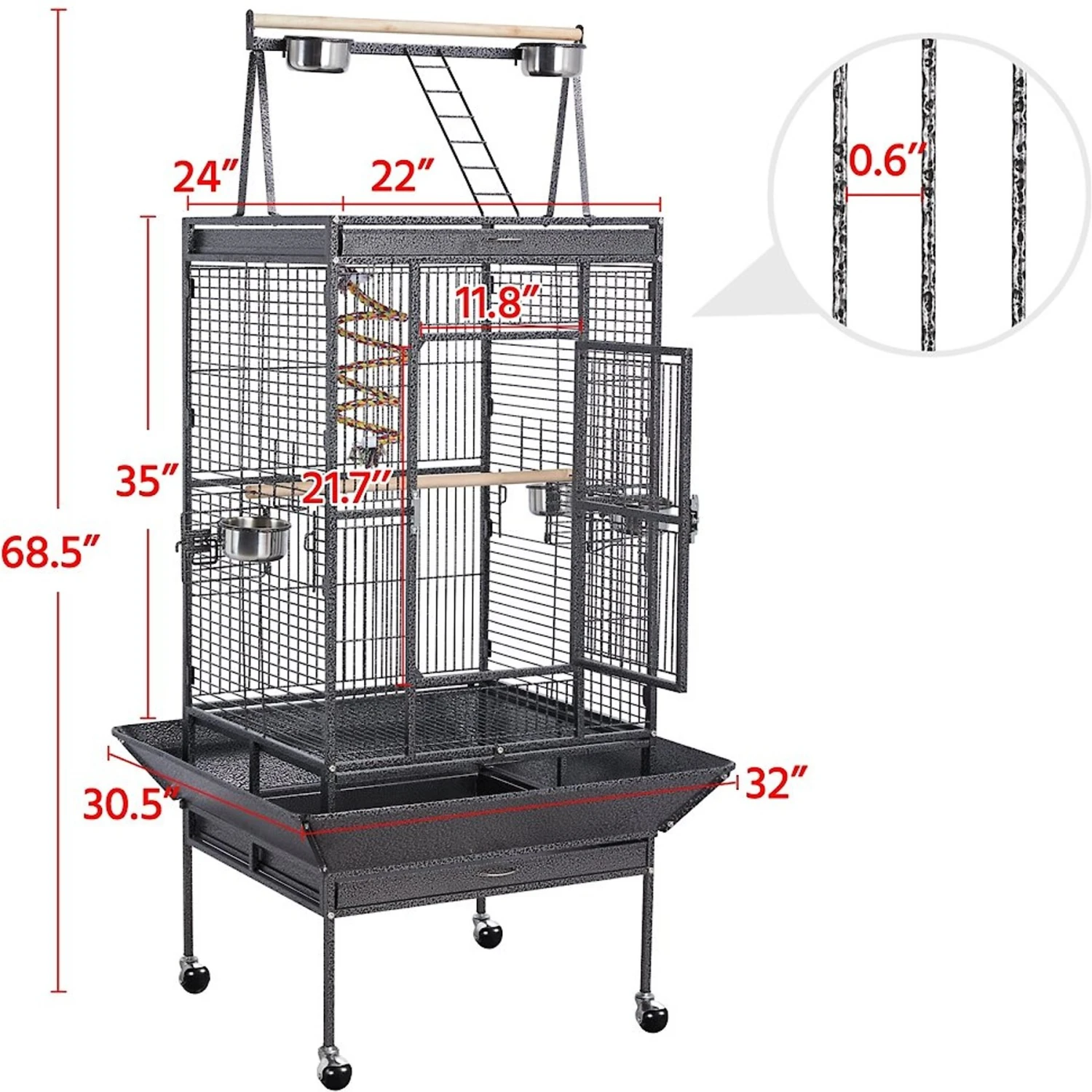 Yaheetech 68.5-in Rolling Bird Cage & Playtop, Hammertone Black 5 Yaheetech 68.5-in Rolling Bird Cage & Playtop, Hammertone Black - Image 3