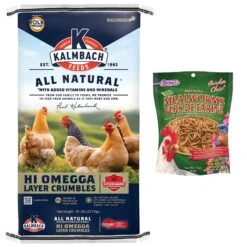 Kalmbach Feeds All Natural 17% Protein Hi Omegga Layer Crumbles Chicken Feed, 50-lb Bag & Brown's Garden Chic! Dried Mealworms For Wild Birds