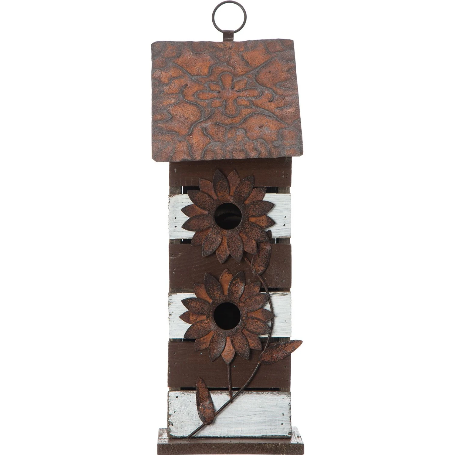 Glitzhome Two-Tiered Distressed Solid Wood Birdhouse With 3D Rustic Flowers 3 Glitzhome Two-Tiered Distressed Solid Wood Birdhouse With 3D Rustic Flowers