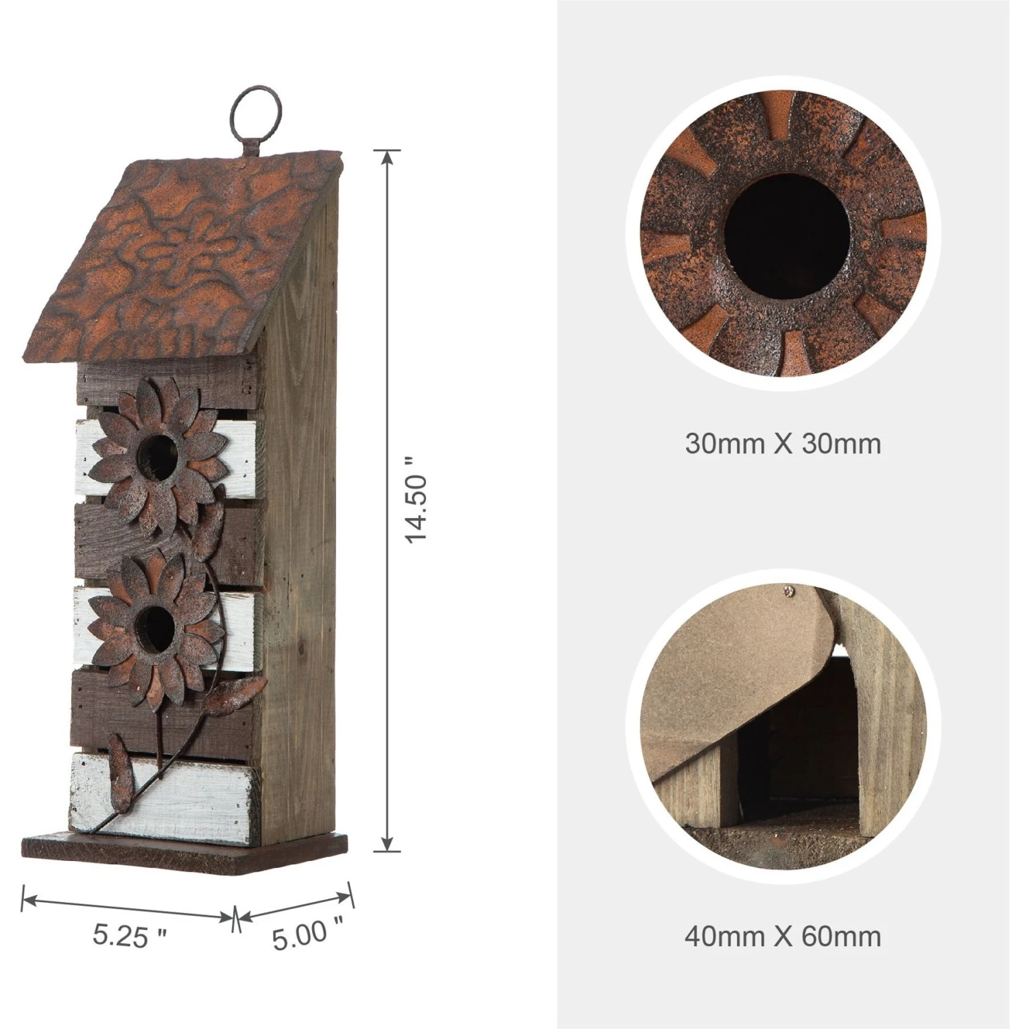 Glitzhome Two-Tiered Distressed Solid Wood Birdhouse With 3D Rustic Flowers 4 Glitzhome Two-Tiered Distressed Solid Wood Birdhouse With 3D Rustic Flowers - Image 2
