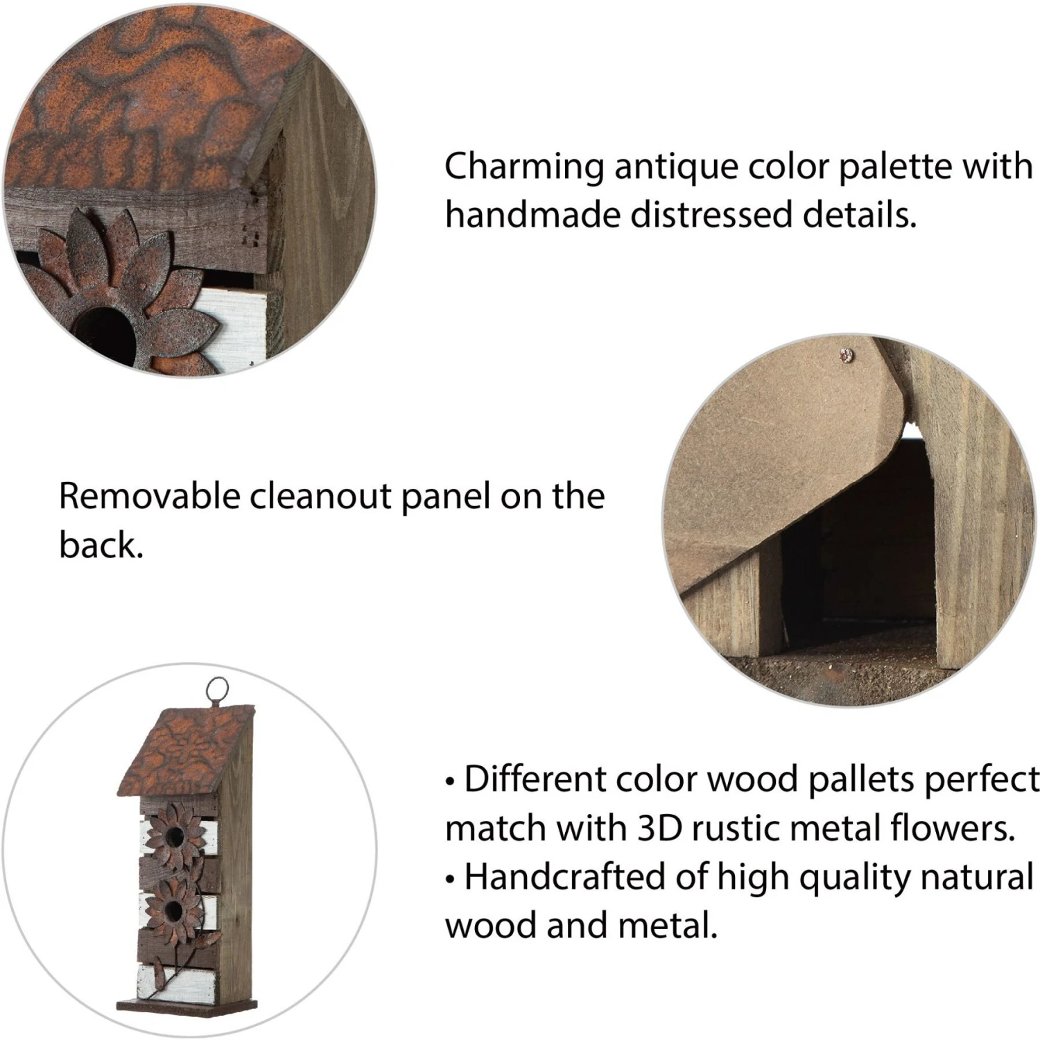 Glitzhome Two-Tiered Distressed Solid Wood Birdhouse With 3D Rustic Flowers 5 Glitzhome Two-Tiered Distressed Solid Wood Birdhouse With 3D Rustic Flowers - Image 3