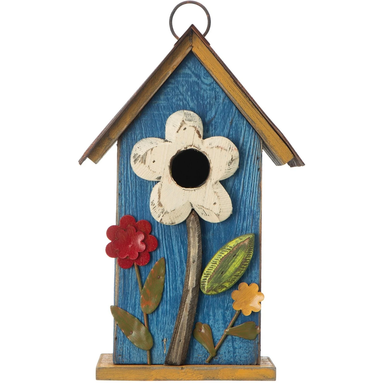 Glitzhome Distressed Solid Wood Birdhouse With 3D Flowers 3 Glitzhome Distressed Solid Wood Birdhouse With 3D Flowers