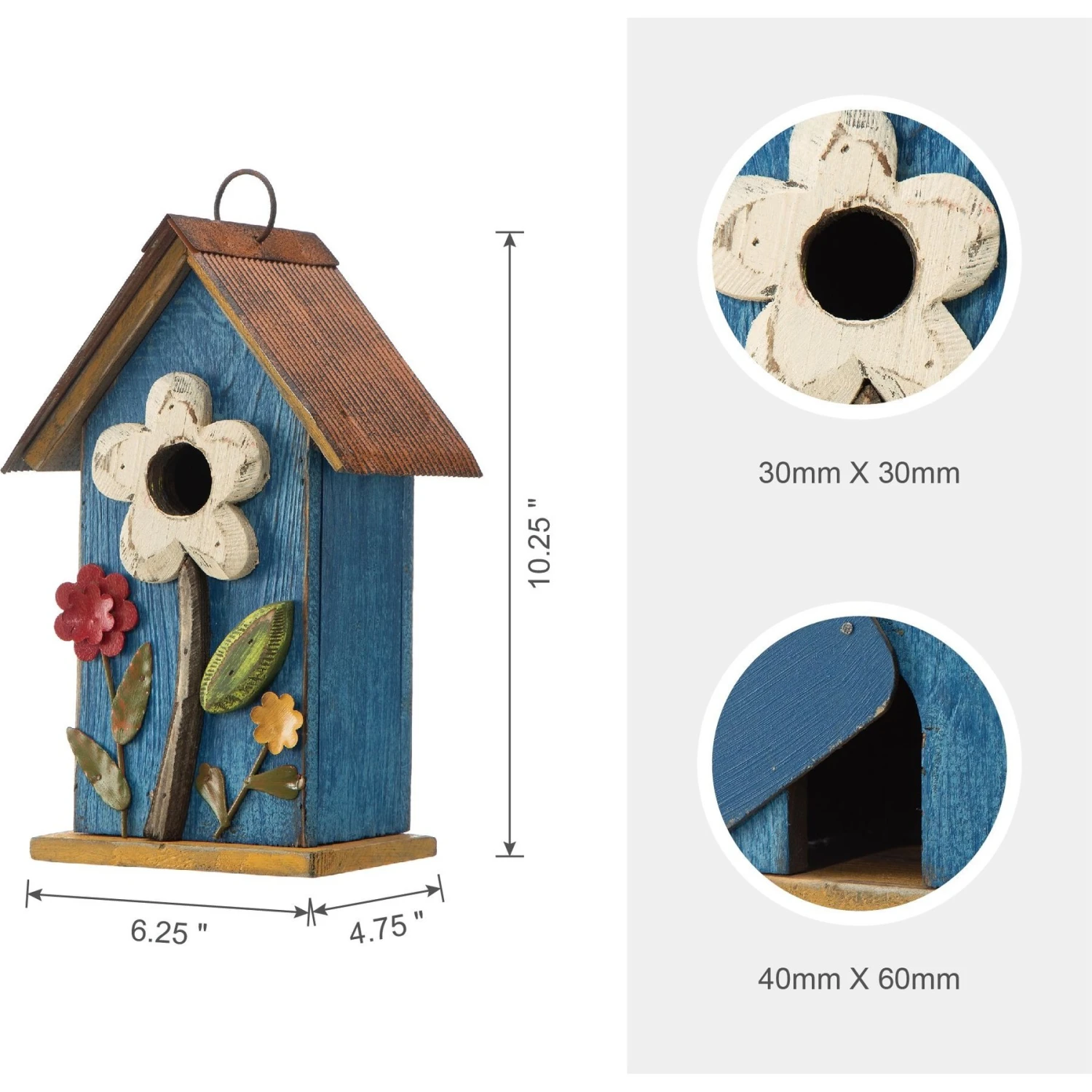 Glitzhome Distressed Solid Wood Birdhouse With 3D Flowers 4 Glitzhome Distressed Solid Wood Birdhouse With 3D Flowers - Image 2