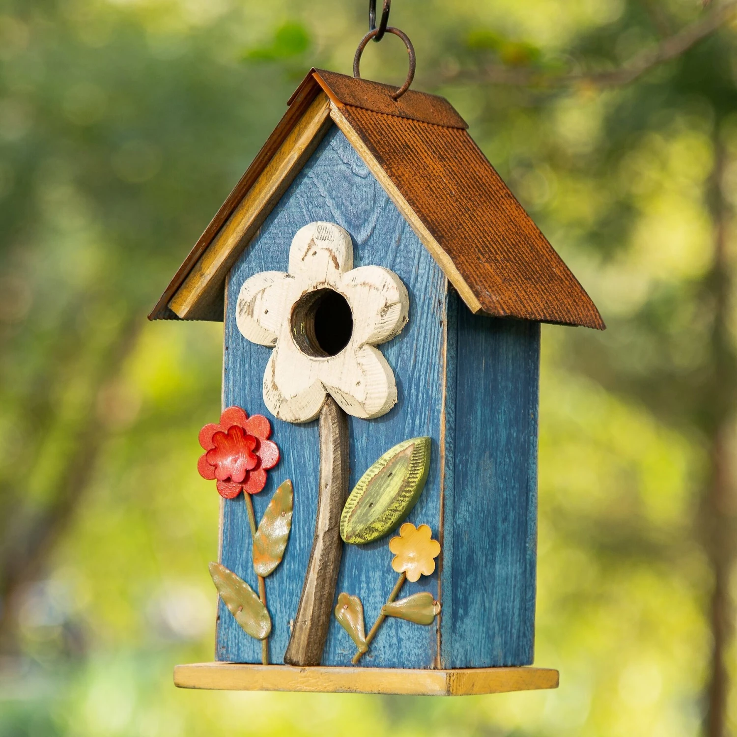Glitzhome Distressed Solid Wood Birdhouse With 3D Flowers 10 Glitzhome Distressed Solid Wood Birdhouse With 3D Flowers - Image 8