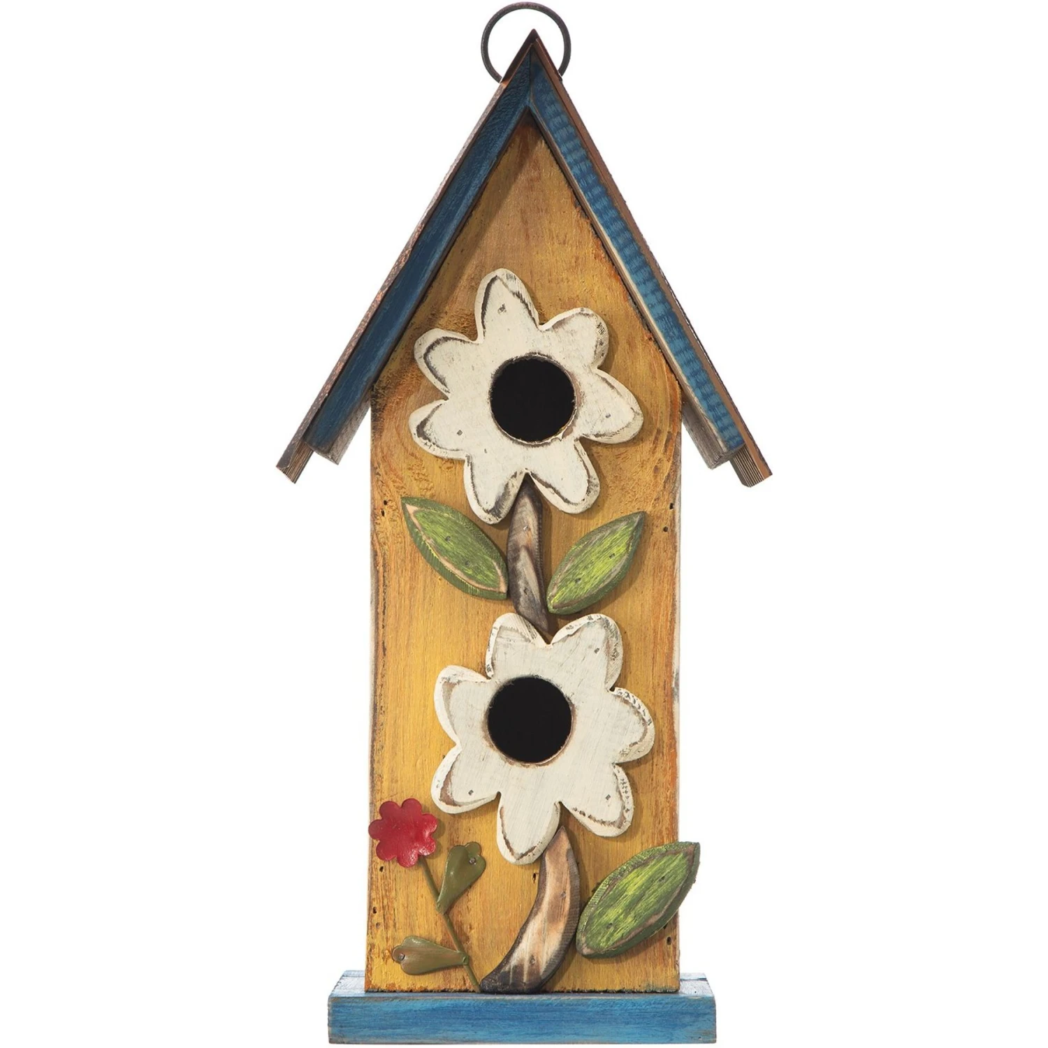 Glitzhome Two-Tiered Distressed Solid Wood Birdhouse With 3D Flowers 3 Glitzhome Two-Tiered Distressed Solid Wood Birdhouse With 3D Flowers