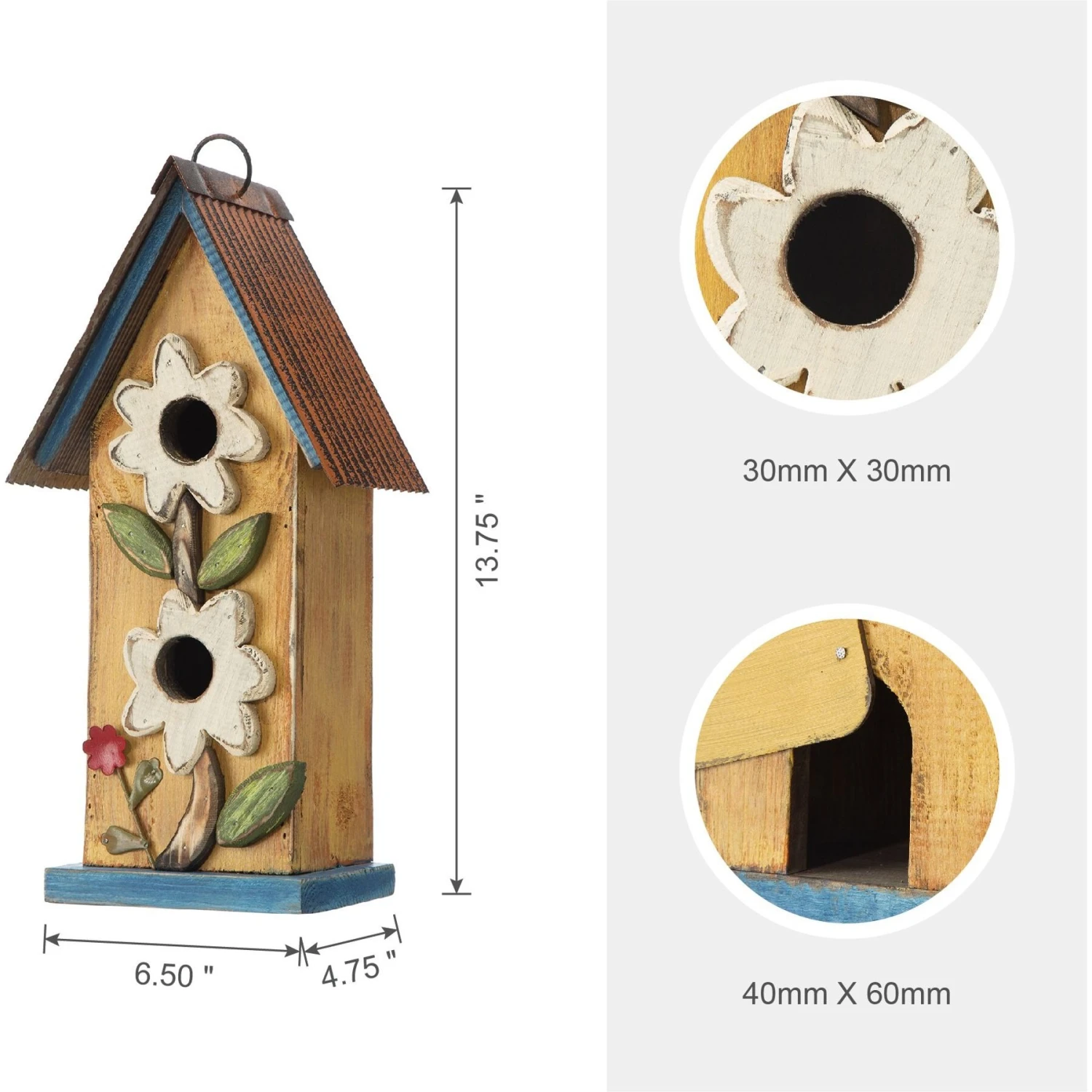 Glitzhome Two-Tiered Distressed Solid Wood Birdhouse With 3D Flowers 4 Glitzhome Two-Tiered Distressed Solid Wood Birdhouse With 3D Flowers - Image 2