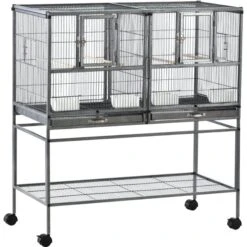 PawHut Double With Rolling Stand Removable Metal Tray Bird Cage, Black