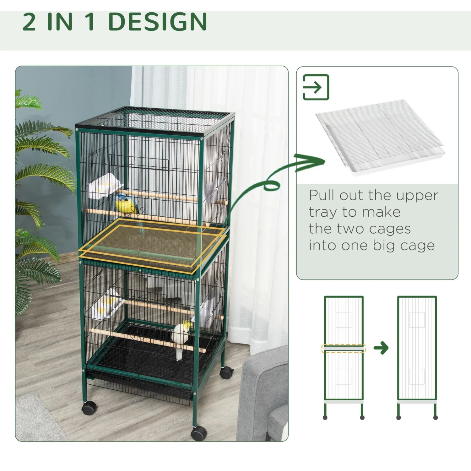 PawHut 55-in 2-in1 Aviary Bird Cage, Green 8 PawHut 55-in 2-in1 Aviary Bird Cage, Green - Image 6