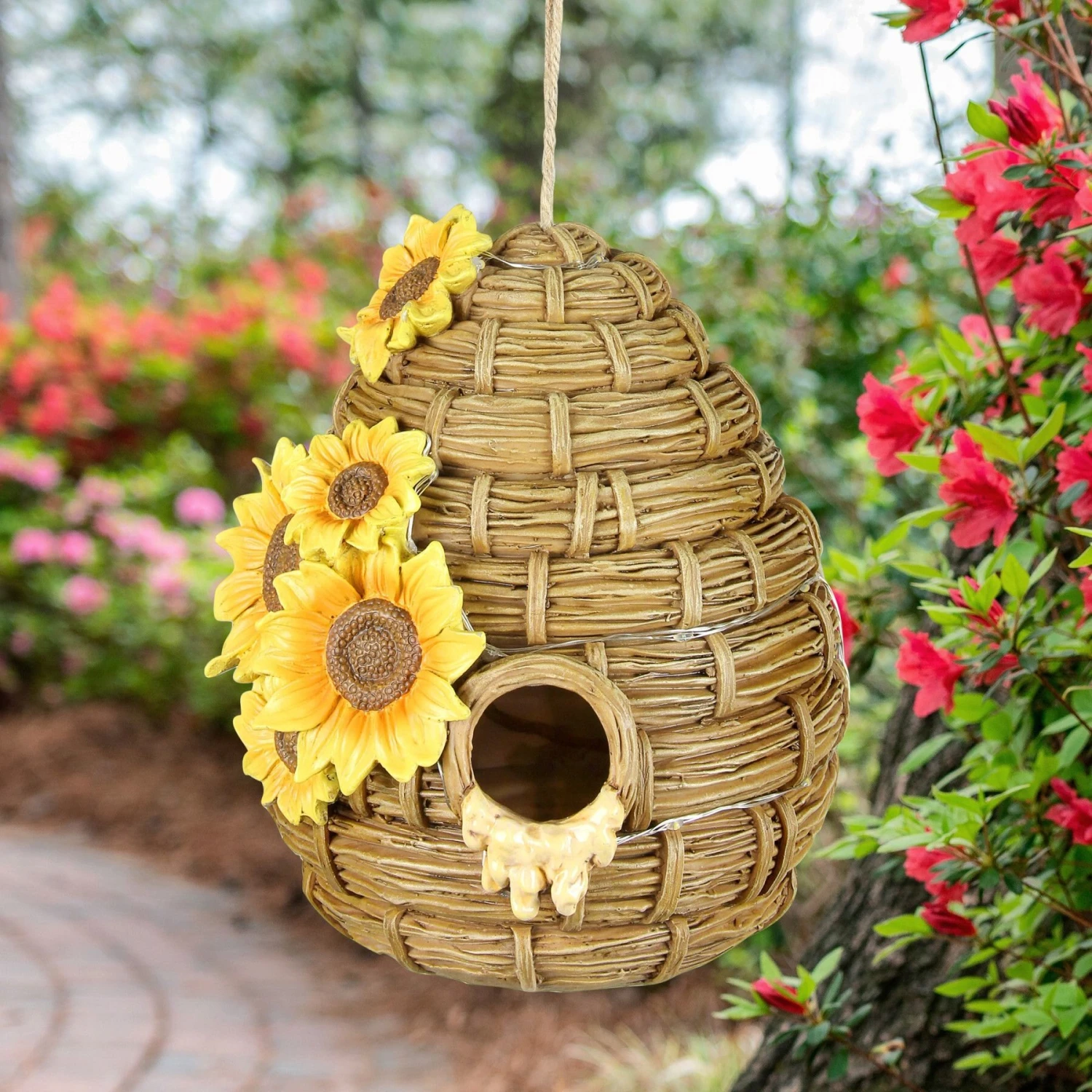 Exhart Solar Sunflower Hand Painted Bee Hive Hanging Bird House 5 Exhart Solar Sunflower Hand Painted Bee Hive Hanging Bird House - Image 3