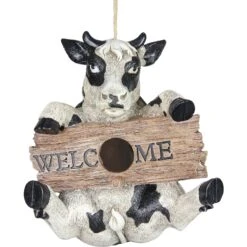 Exhart Hand Painted Cow With Welcome Sign Hanging Resin Bird House
