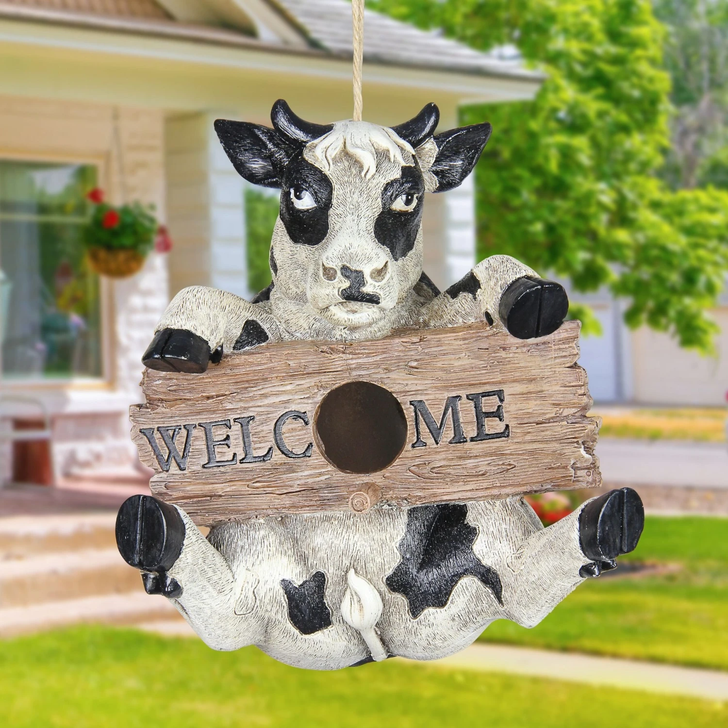 Exhart Hand Painted Cow With Welcome Sign Hanging Resin Bird House 4 Exhart Hand Painted Cow With Welcome Sign Hanging Resin Bird House - Image 2