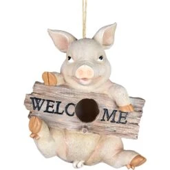 Exhart Hand Painted Pig With Welcome Sign Hanging Resin Bird House