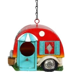 Exhart Hand Painted Hanging Camping Trailer Resin Bird House, Red/Blue -Sunny Decor Shop 681102 PT6. AC SS1800 V1666297969