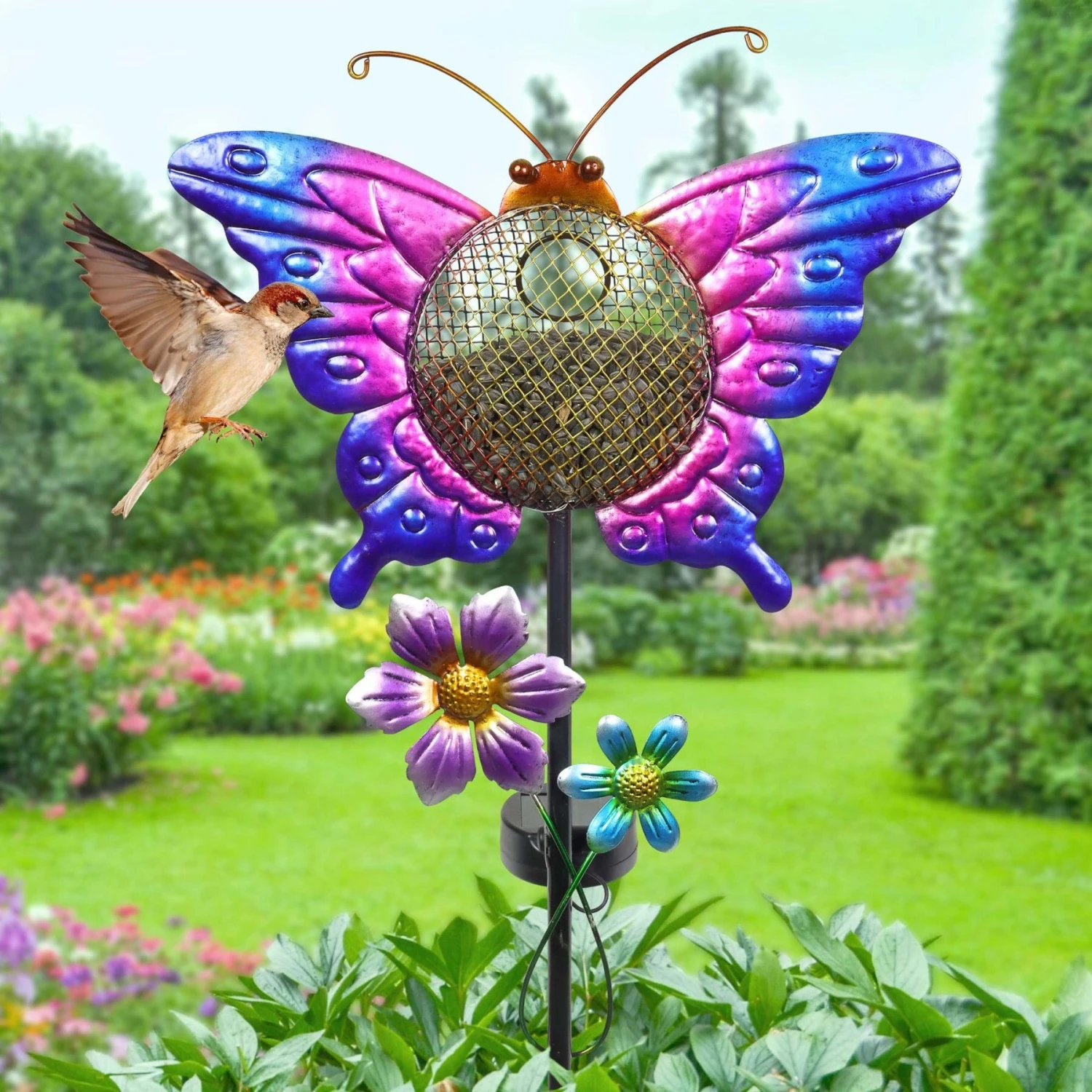 Exhart Solar Hand Painted Butterfly Metal Mesh Pellet Bird Feeder Garden Stake 5 Exhart Solar Hand Painted Butterfly Metal Mesh Pellet Bird Feeder Garden Stake - Image 3