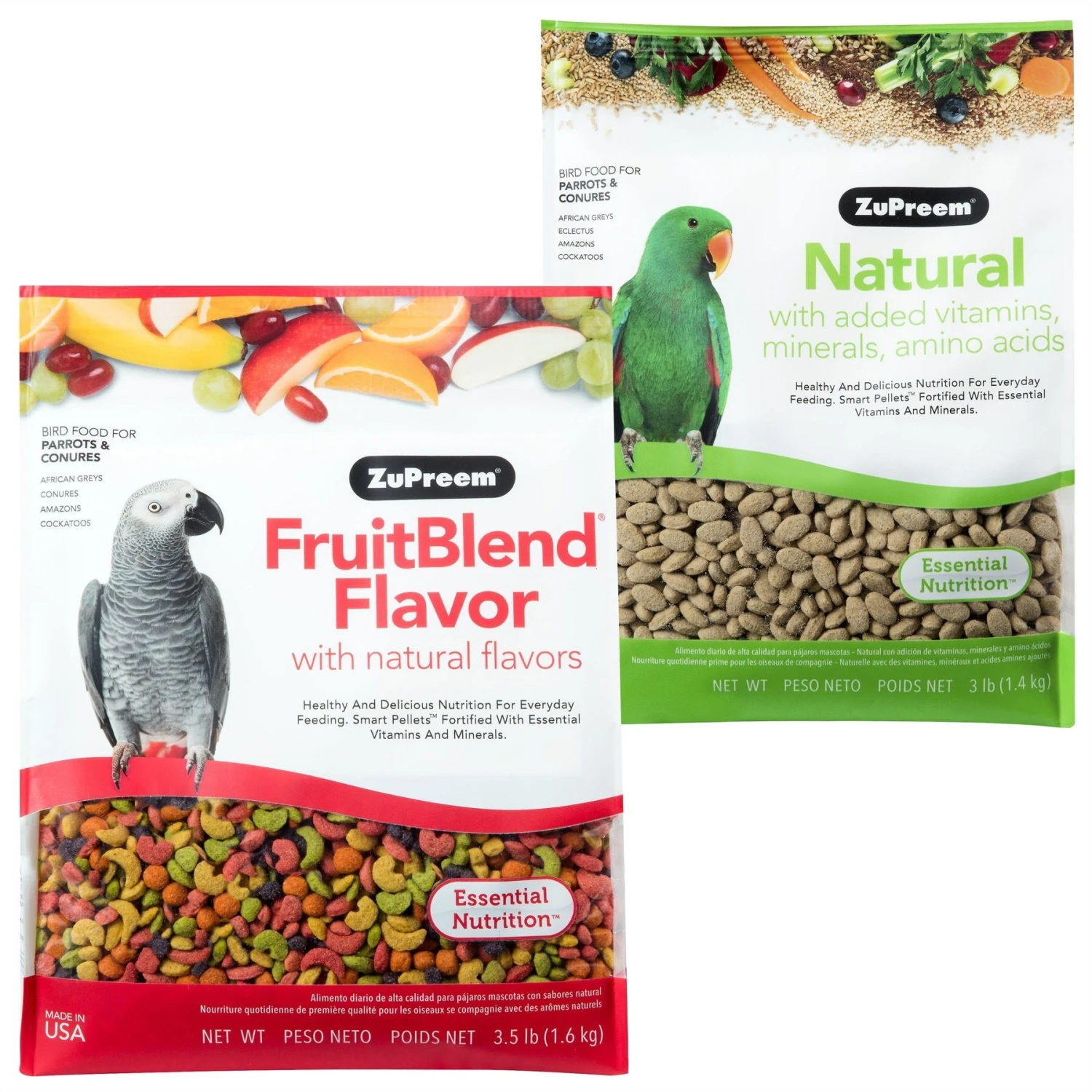 ZuPreem FruitBlend Flavor With Natural Flavors Daily Parrot & Conure Bird Food & ZuPreem Natural Daily Parrot & Conure Bird Food, 3-lb Bag 3 ZuPreem FruitBlend Flavor With Natural Flavors Daily Parrot & Conure Bird Food & ZuPreem Natural Daily Parrot & Conure Bird Food, 3-lb Bag